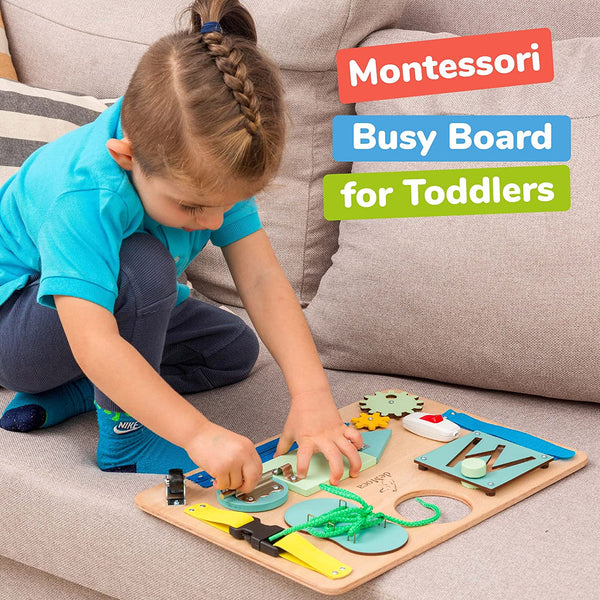deMoca Montessori Busy Board for Toddlers - Wooden Sensory Toys in