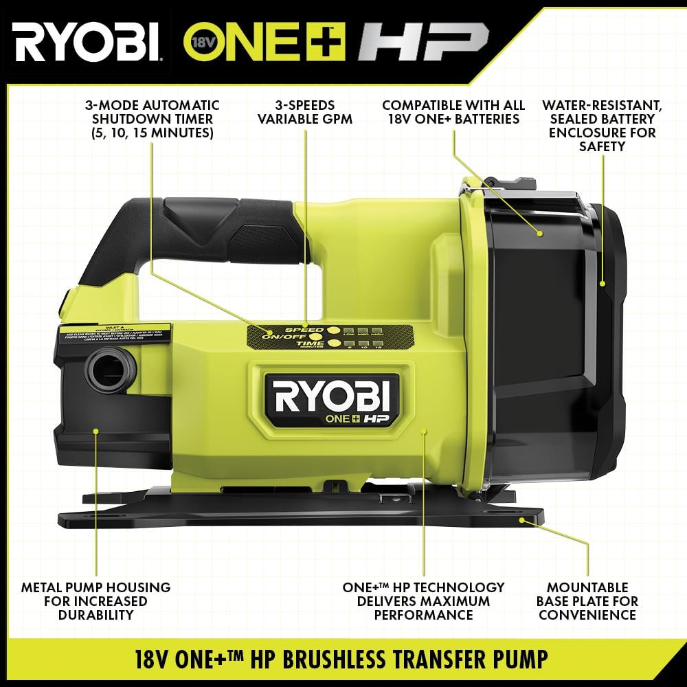 RYOBI ONE+ HP Brushless 1/4 hp. 18V Cordless Battery Powered